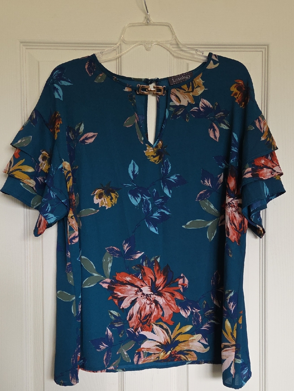 Luxology Teal Floral Keyhole Top